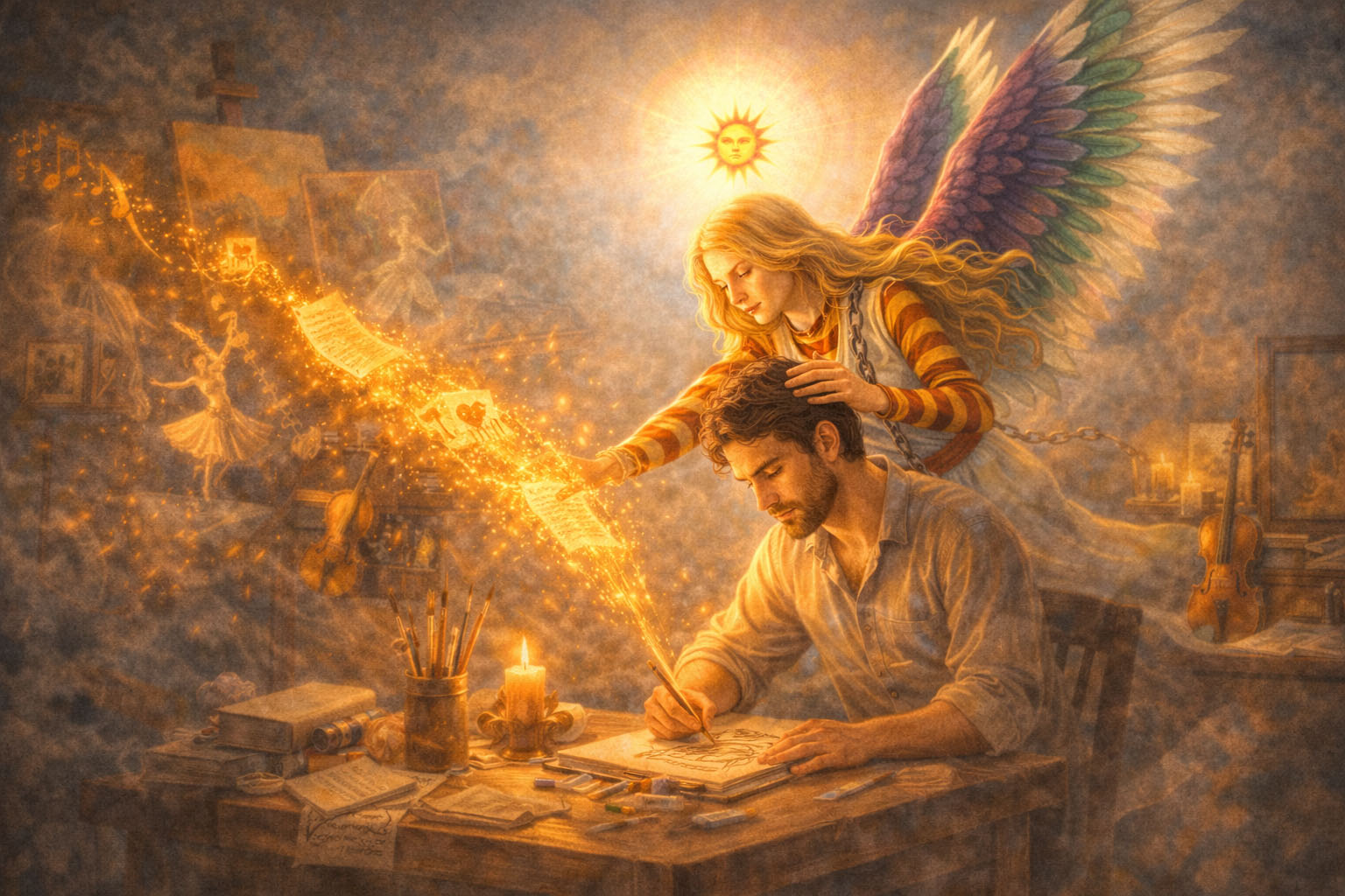 ¿A quién protege y cuáles son sus dones en el arte y la libertad?