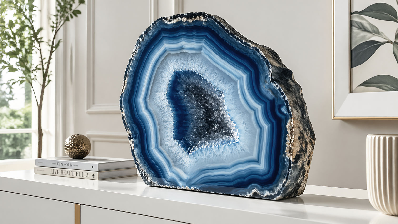 Geoda de Ágata Azul en la entrada para que las conversaciones en el hogar siempre sean armoniosas.