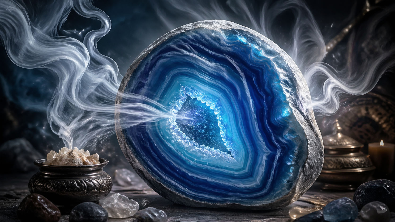 Pasa el cristal por el humo para elevar su vibración y limpiar las improntas de discusiones o ambientes cargados. Este método es ideal para purificar las bandas de color del ágata, asegurando que su