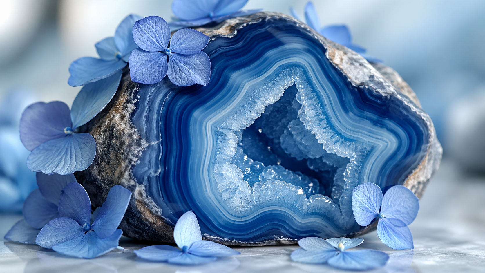 Cubre la piedra con pétalos (como hortensias o lavanda) para que la energía orgánica suavice su campo áurico. Es una limpieza sutil que refuerza la conexión de la piedra con el elemento aire y la expresión delicada.