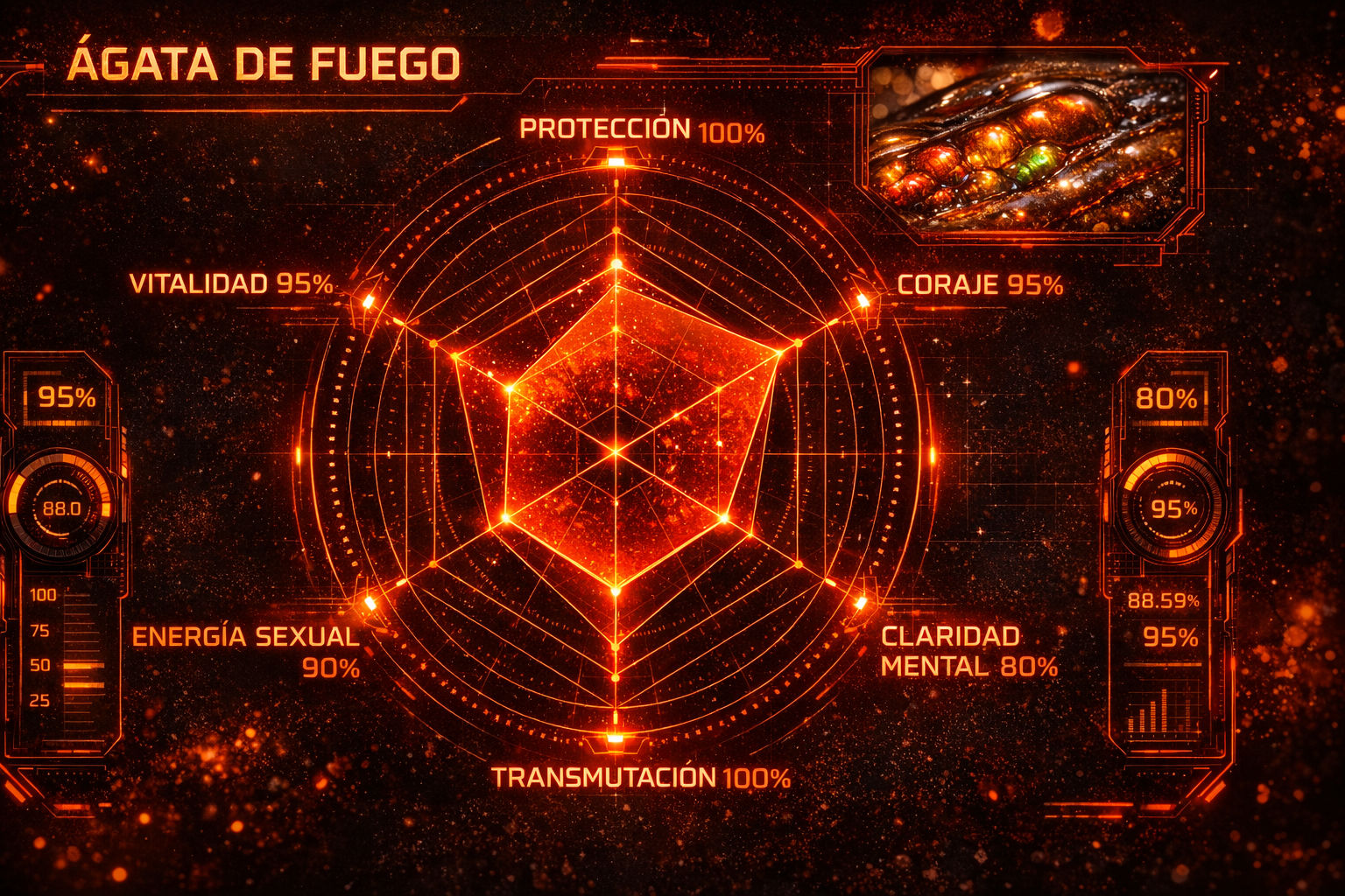 Gráfico de radar del Ágata de Fuego destacando su máximo potencial en protección y transmutación.