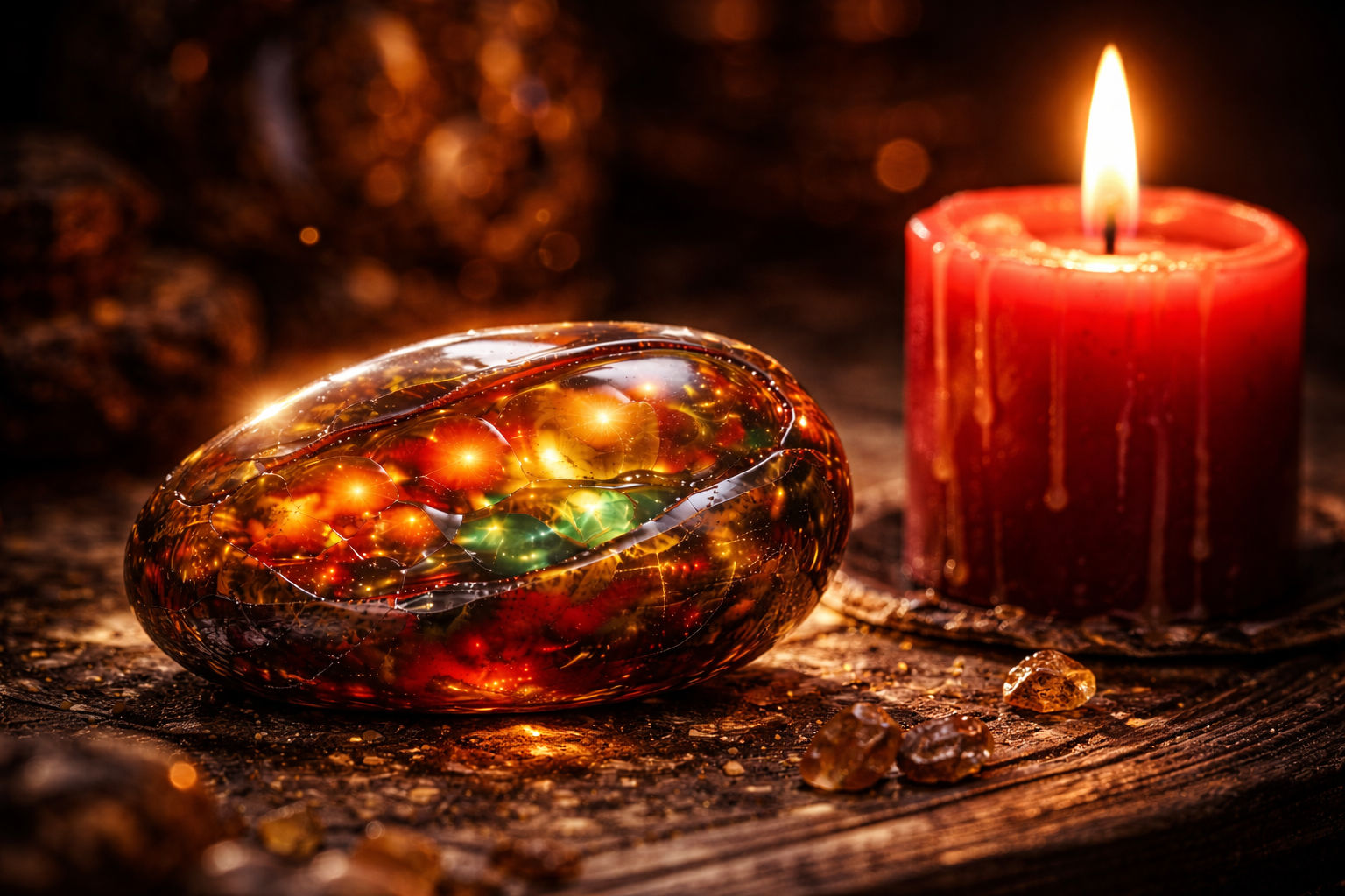 Coloca la gema (a una distancia segura) cerca de una vela roja o naranja encendida para que resuene con el elemento fuego. La luz de la llama actúa como una actualización de firmware para su programa de protección activa.