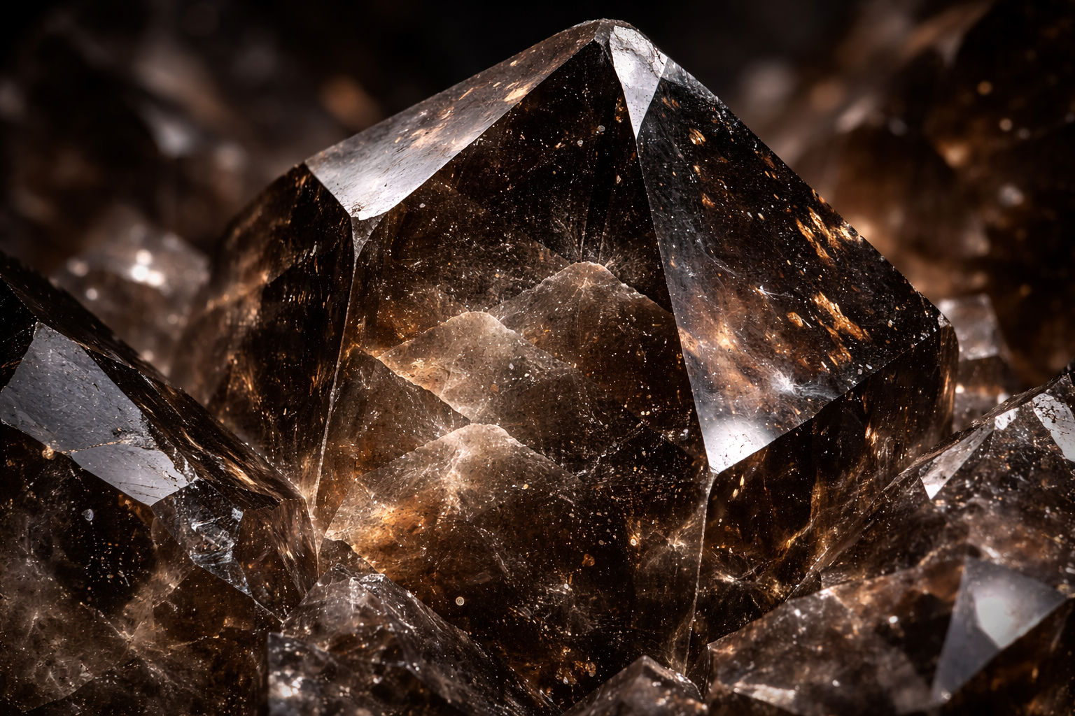 Cristal de Cuarzo Ahumado translúcido con tonos chocolate y grisáceos, simbolizando la estabilidad y el anclaje en Umbral Astral.