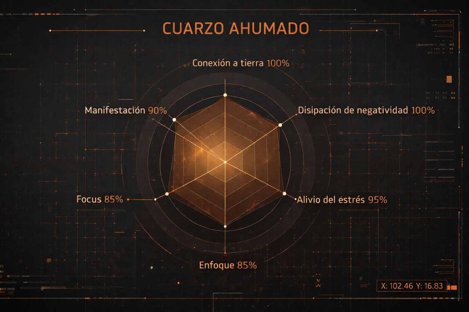 Gráfico de radar del Cuarzo Ahumado destacando su máxima capacidad en enraizamiento y disipación de negatividad.