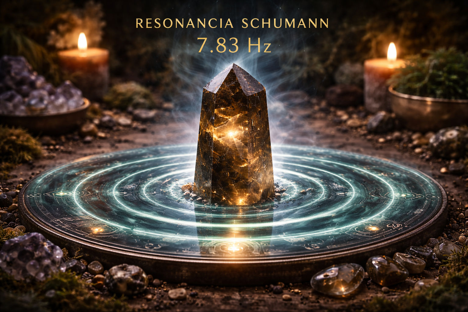Coloca el cristal cerca de una fuente que emita la resonancia Schumann (7.83Hz). Esta frecuencia calibra los átomos del cuarzo con el pulso natural del planeta, optimizando su rendimiento de enraizamiento.