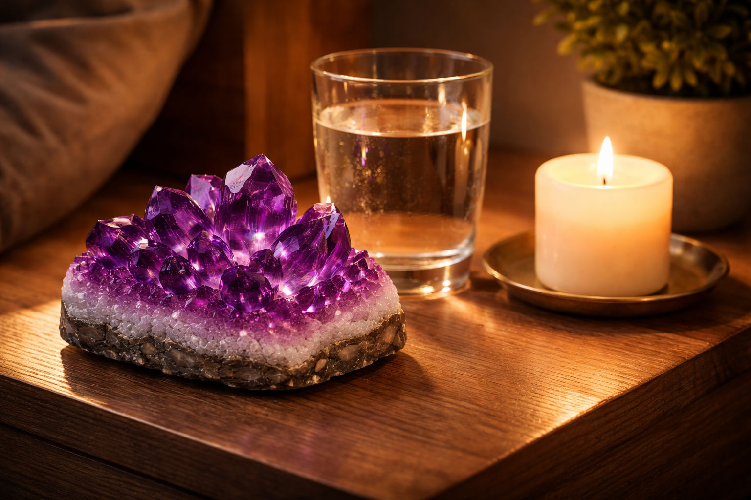 Amatista en el dormitorio para asegurar un sueño reparador y proteger el plano astral durante la noche.
