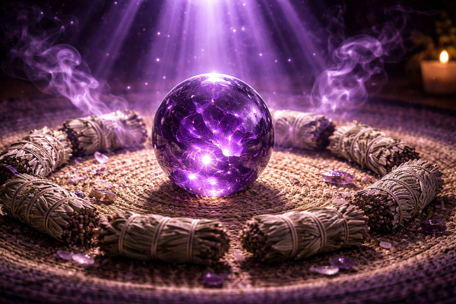 Esfera de amatista para centrar la energía y profundizar en los estados de meditación en el hogar.