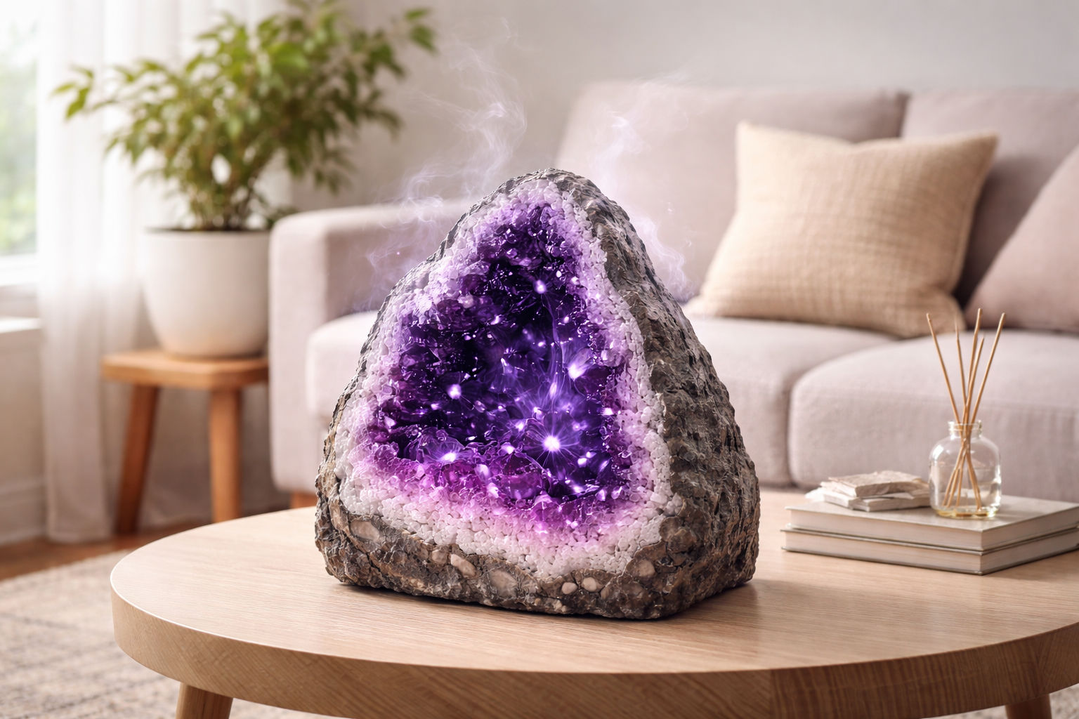 Geoda de amatista en el salón para mantener la armonía familiar y limpiar el ambiente de tensiones.