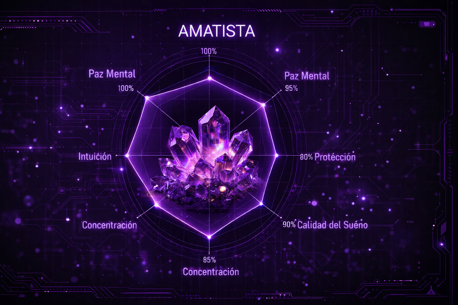 Gráfico de radar de la Amatista destacando su máximo rendimiento en transmutación e intuición.