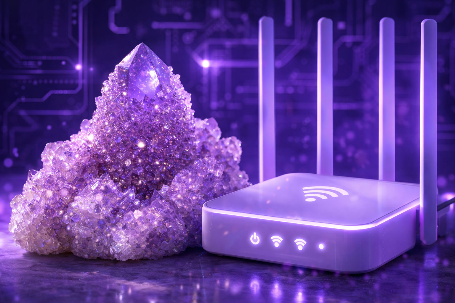 Amatista Piña cerca del nodo de comunicación para espiritualizar las conexiones digitales.