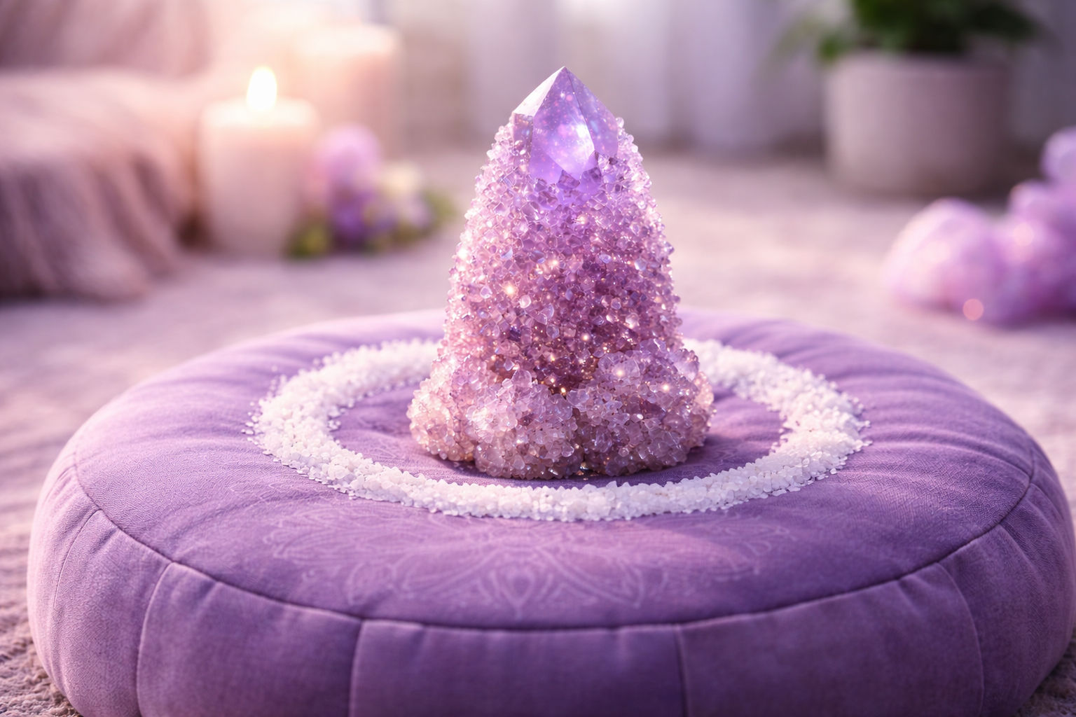 Amatista Piña en el rincón de meditación para facilitar la conexión con planos superiores.