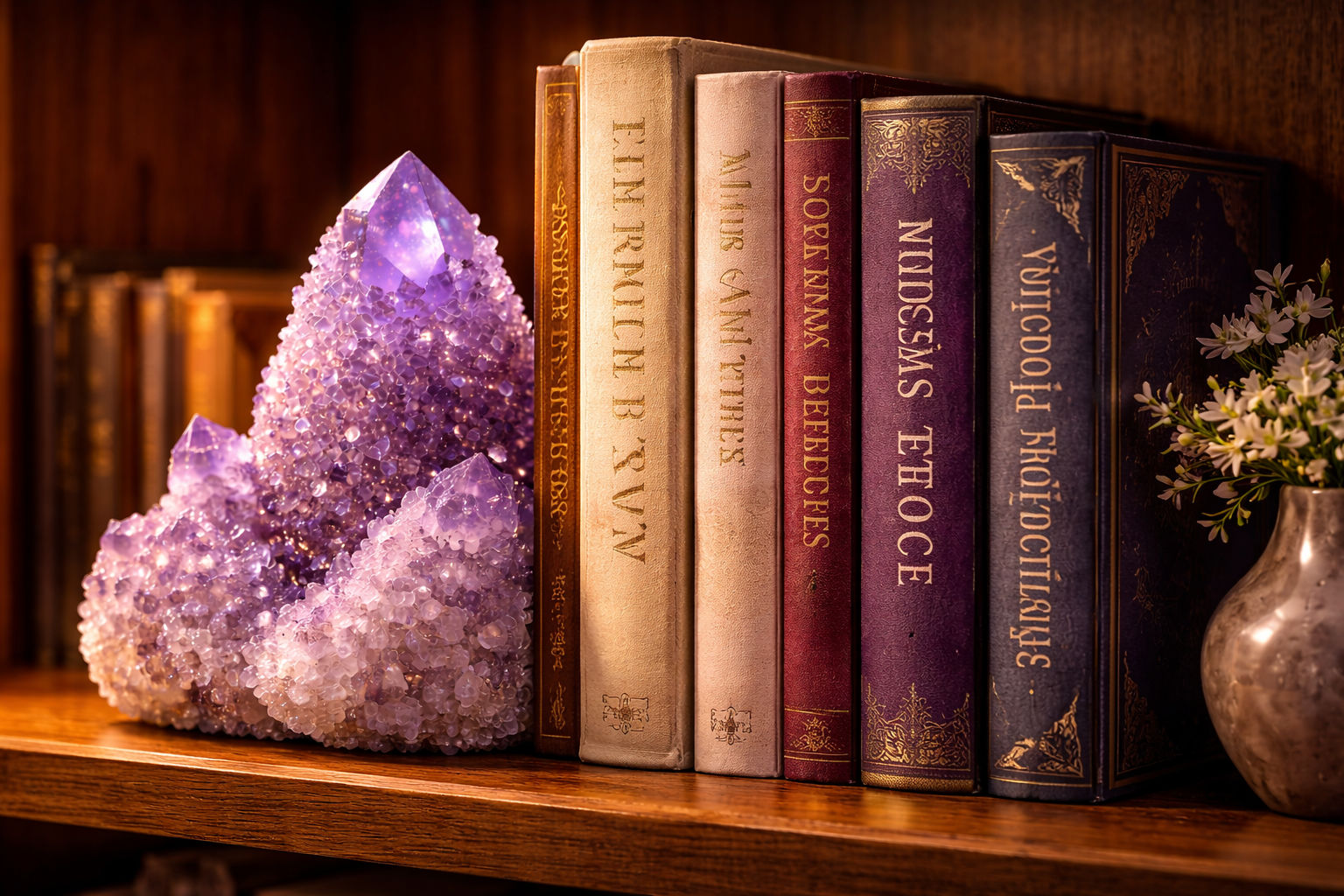 Amatista Piña entre libros de sabiduría para ayudar en la descarga de conocimiento espiritual.