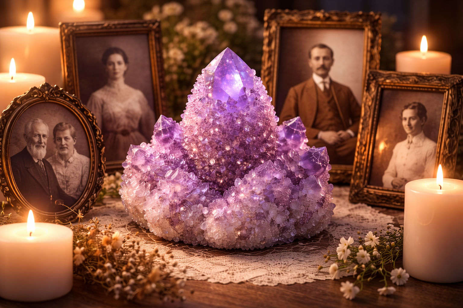 Amatista Piña en el altar para facilitar la comunicación con los guías y ancestros.