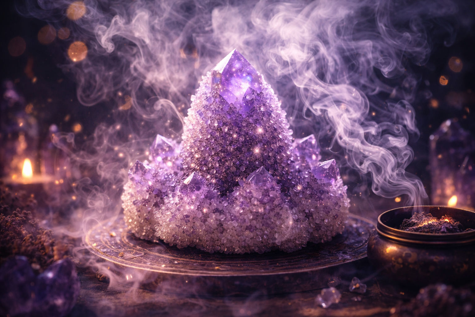 Pasa la Amatista Piña por el humo sagrado para que el aire purificado penetre en las grietas entre los cristales. Este método asegura que el
