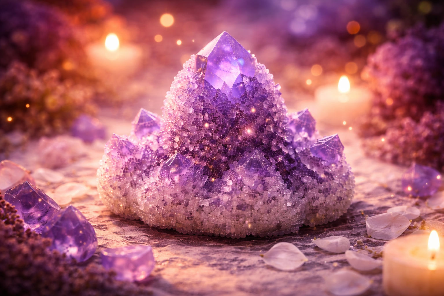 Expón el cristal a los tonos púrpuras y naranjas del ocaso para sintonizarlo con la frecuencia de la transmutación. Esta luz es menos agresiva que la del mediodía y resuena profundamente con el rayo violeta de la amatista.