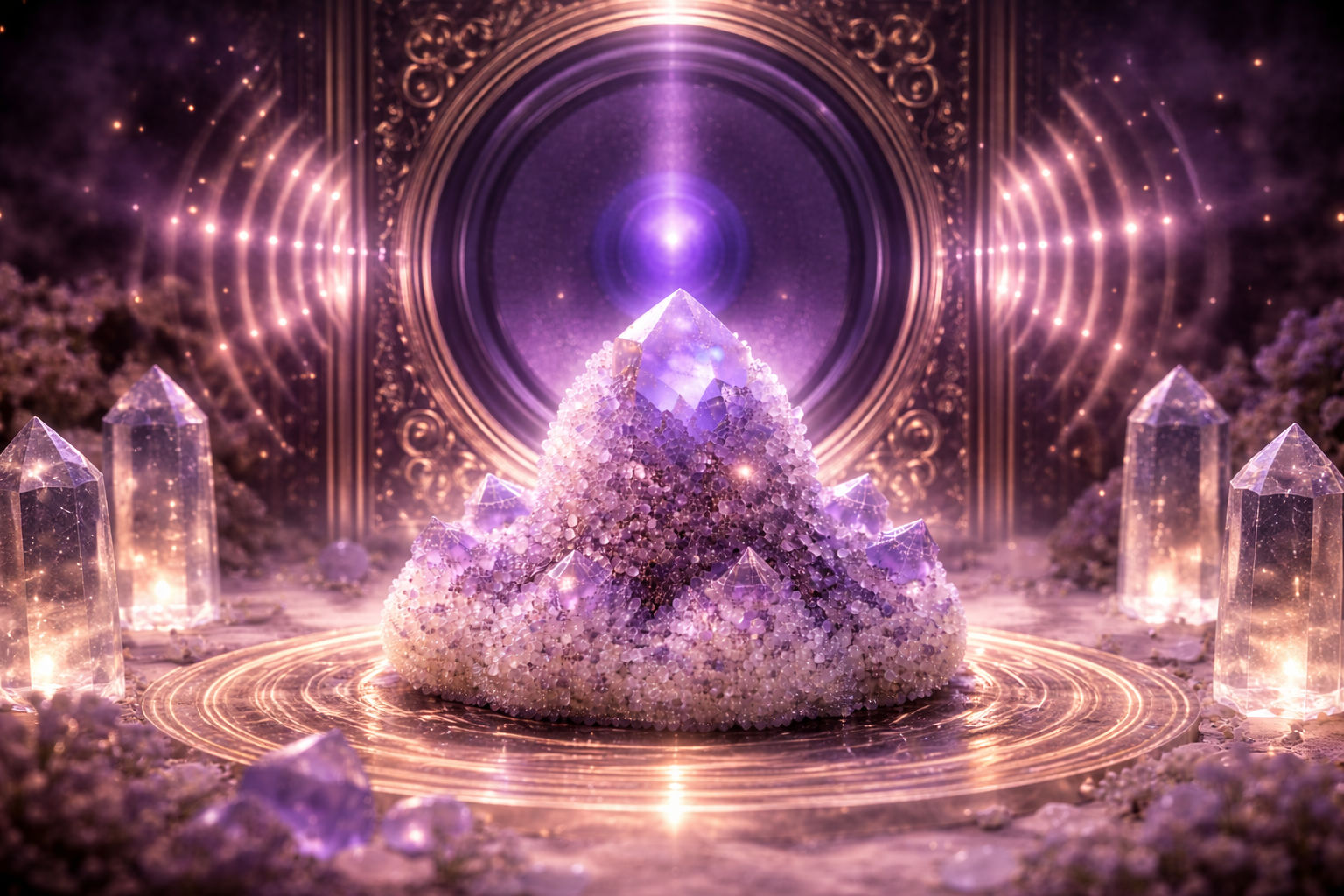 Coloca el cristal frente a una fuente de sonido que emita estas frecuencias sagradas. La vibración sónica reordena la estructura energética de las puntas, optimizando el flujo de datos espirituales.