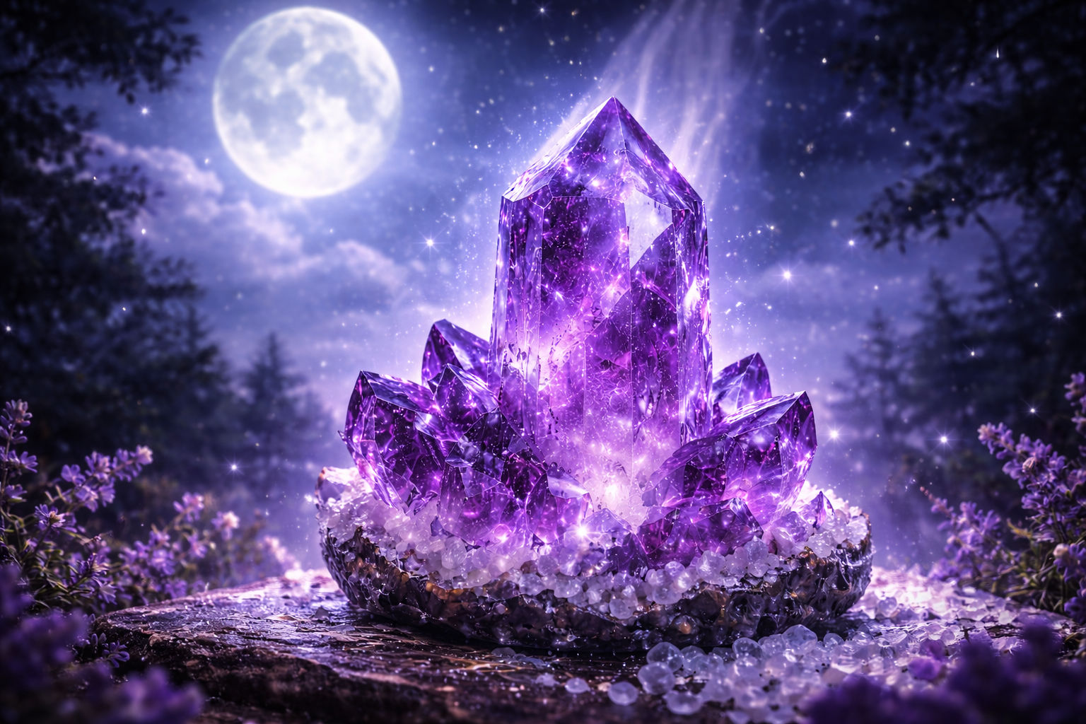 Expón tu amatista a la luna llena para que absorba la energía femenina y mística que potencia la intuición. Es el método de carga más potente para este cristal, ya que resuena perfectamente con las frecuencias nocturnas.