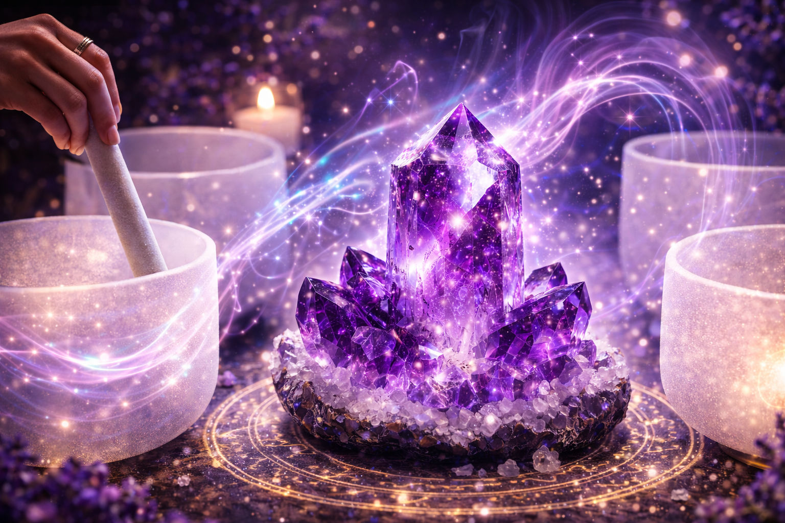 Expón el cristal al sonido de cuencos de cristal o tibetanos para realinear sus átomos con la armonía universal. La vibración física del sonido desbloquea cualquier estancamiento en la estructura cristalina del mineral.