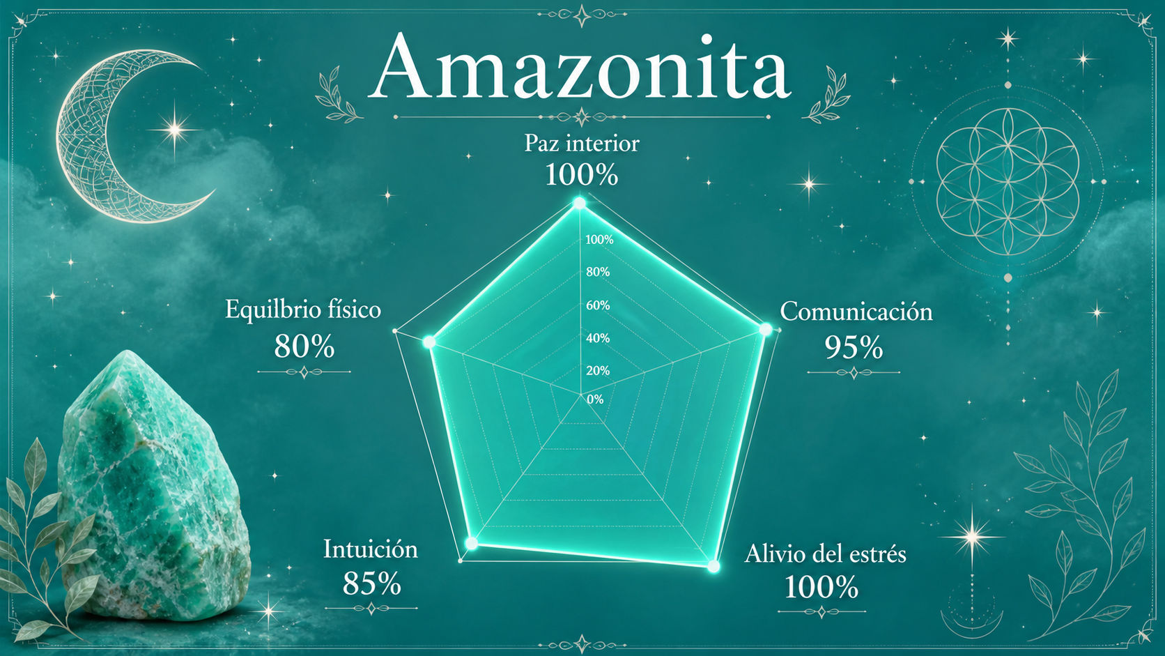 Infografía de resonancia de la Amazonita destacando su poder en paz interior y expresión.