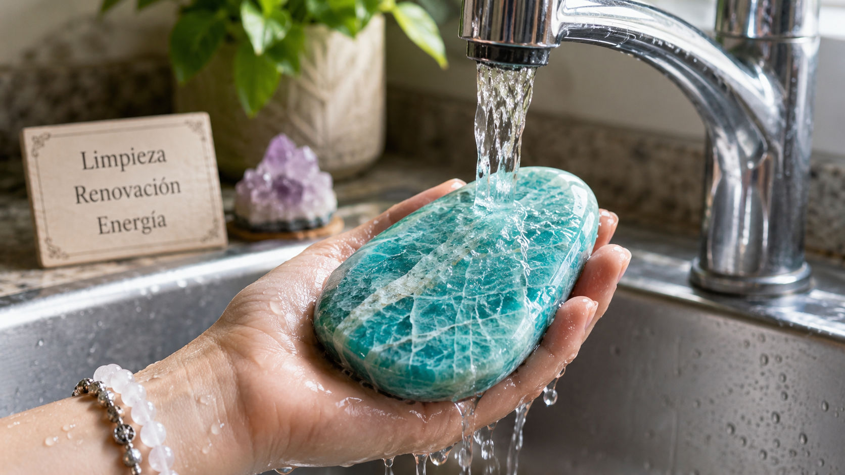 Deja que el agua de un grifo o, idealmente, de un río fluya sobre la piedra durante tres minutos.