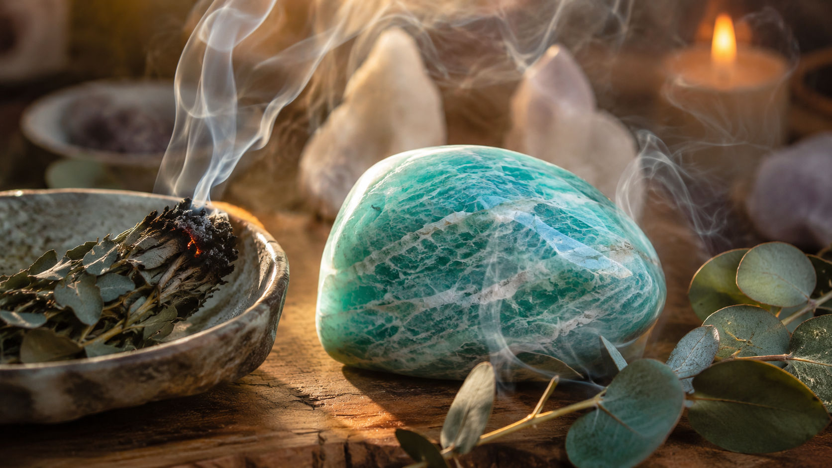 Pasa la piedra por el humo de hojas de eucalipto para despejar cualquier rastro de pesadez o influencia externa. El eucalipto resuena con la frescura de la amazonita, revitalizando su color y su espíritu.