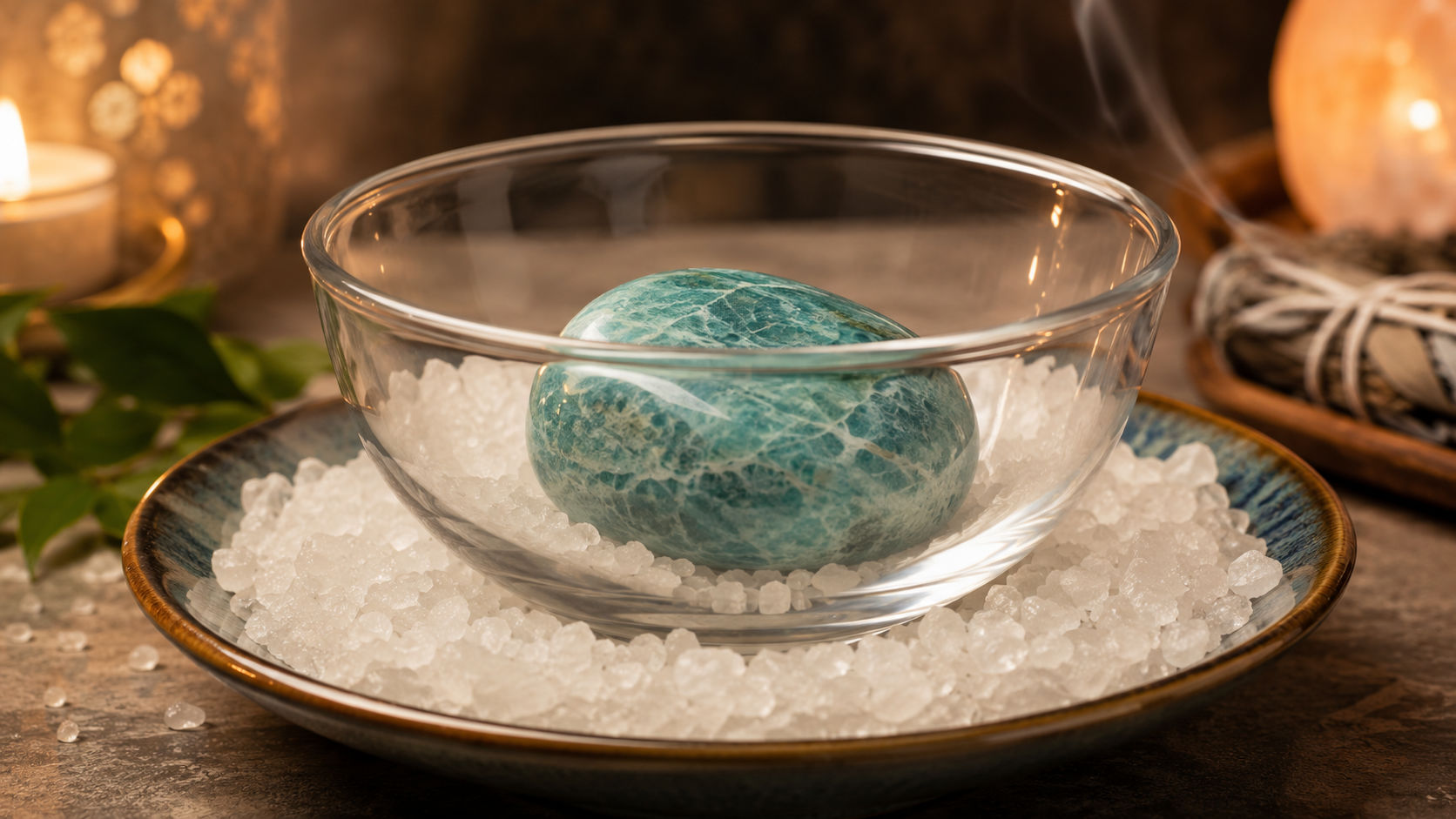 Coloca la piedra en un cuenco de cristal y este sobre un plato con sal gruesa para que la sal absorba la densidad sin tocar la gema. Este método es ideal para limpiezas profundas después de haber estado en lugares muy concurridos.
