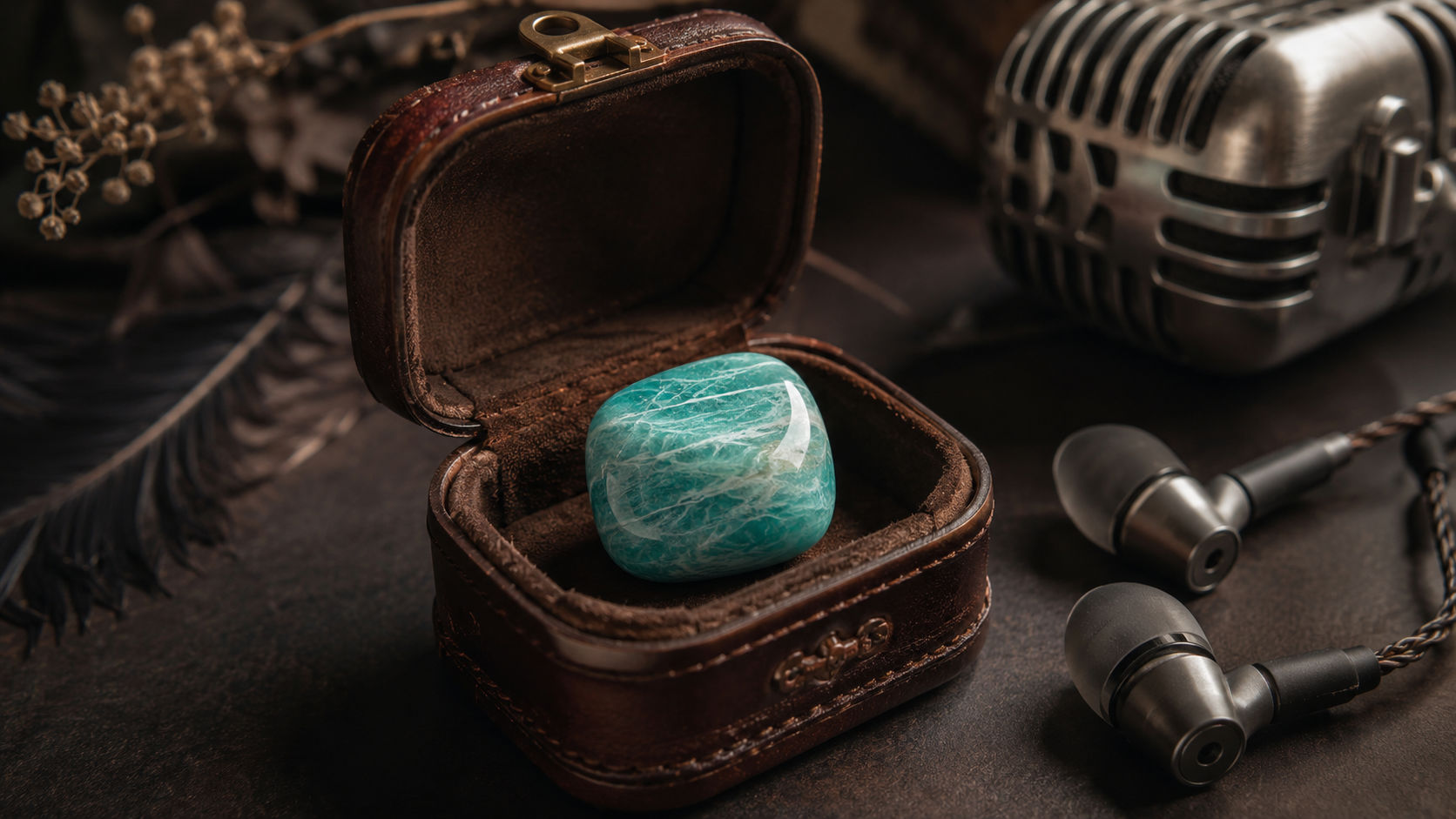 Piedra rodada de Amazonita en el estuche de accesorios de audio para potenciar la serenidad vocal.