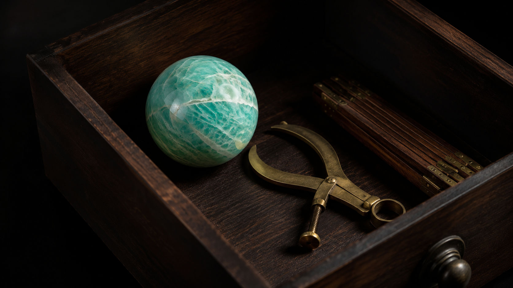 Esfera de Amazonita acompañando herramientas de precisión para inspirar equidad y equilibrio en Umbral Astral.