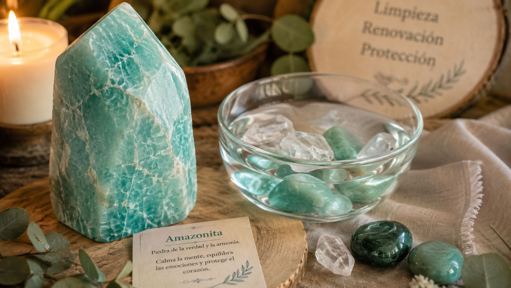 Sitúa la gema cerca de un recipiente con agua y piedras verdes para crear un microclima de sanación natural. La presencia del elemento agua y el color verde refuerzan la vitalidad de la amazonita.