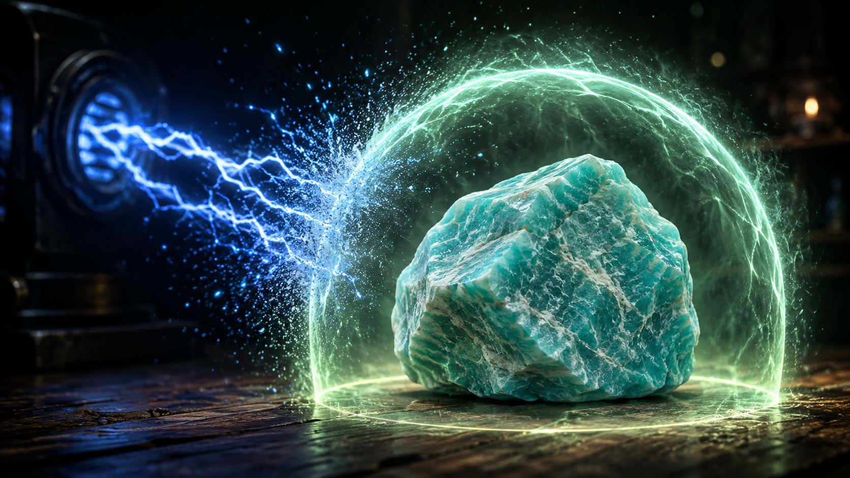 Piedra en bruto de Amazonita absorbiendo y neutralizando ondas electromagnéticas ambientales.