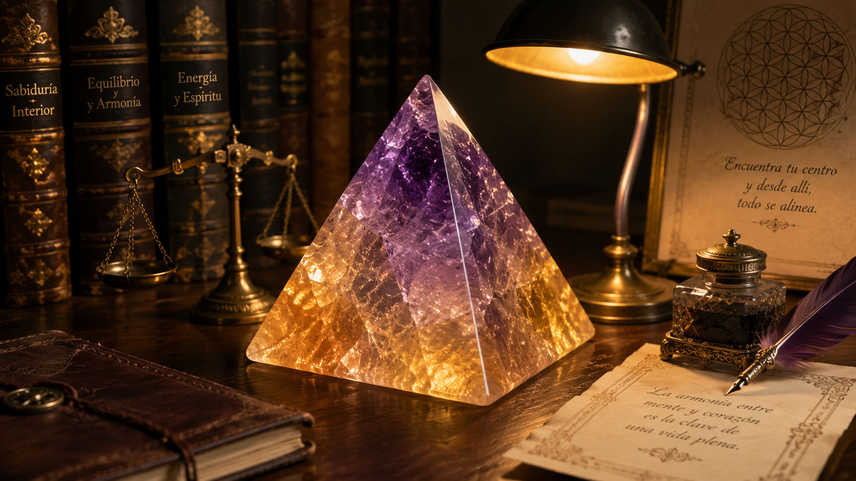 Pirámide de Ametrino colocada en el área de trabajo para equilibrar el pensamiento estratégico con el éxito material.