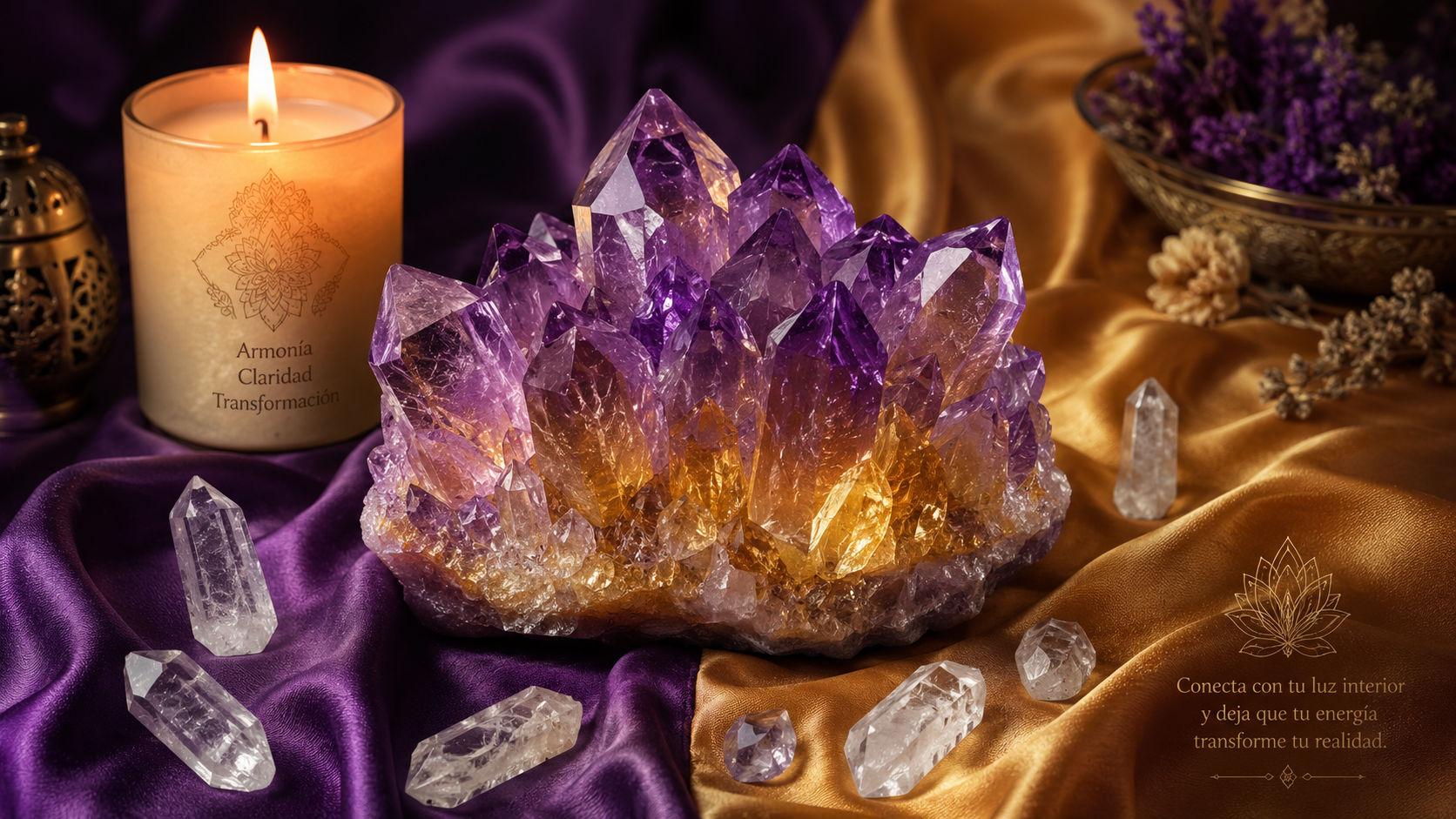 Cluster de Ametrino en el altar sagrado para unificar las intenciones divinas con la fuerza de la tierra.