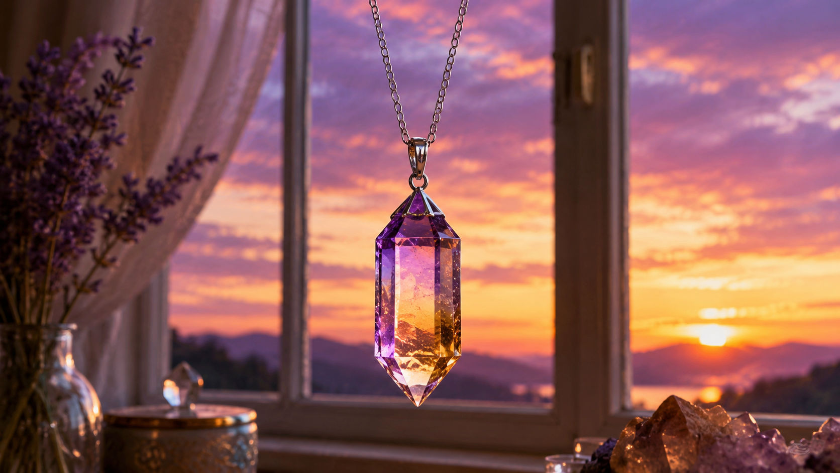 Cristal de Ametrino en la ventana absorbiendo la luz del ocaso para equilibrar los campos magnéticos del hogar.
