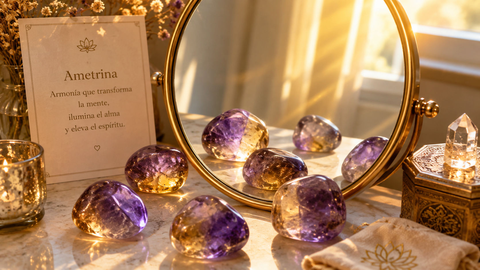 Piedras de Ametrino frente al espejo para potenciar los hechizos de autoaceptación y soberanía espiritual.