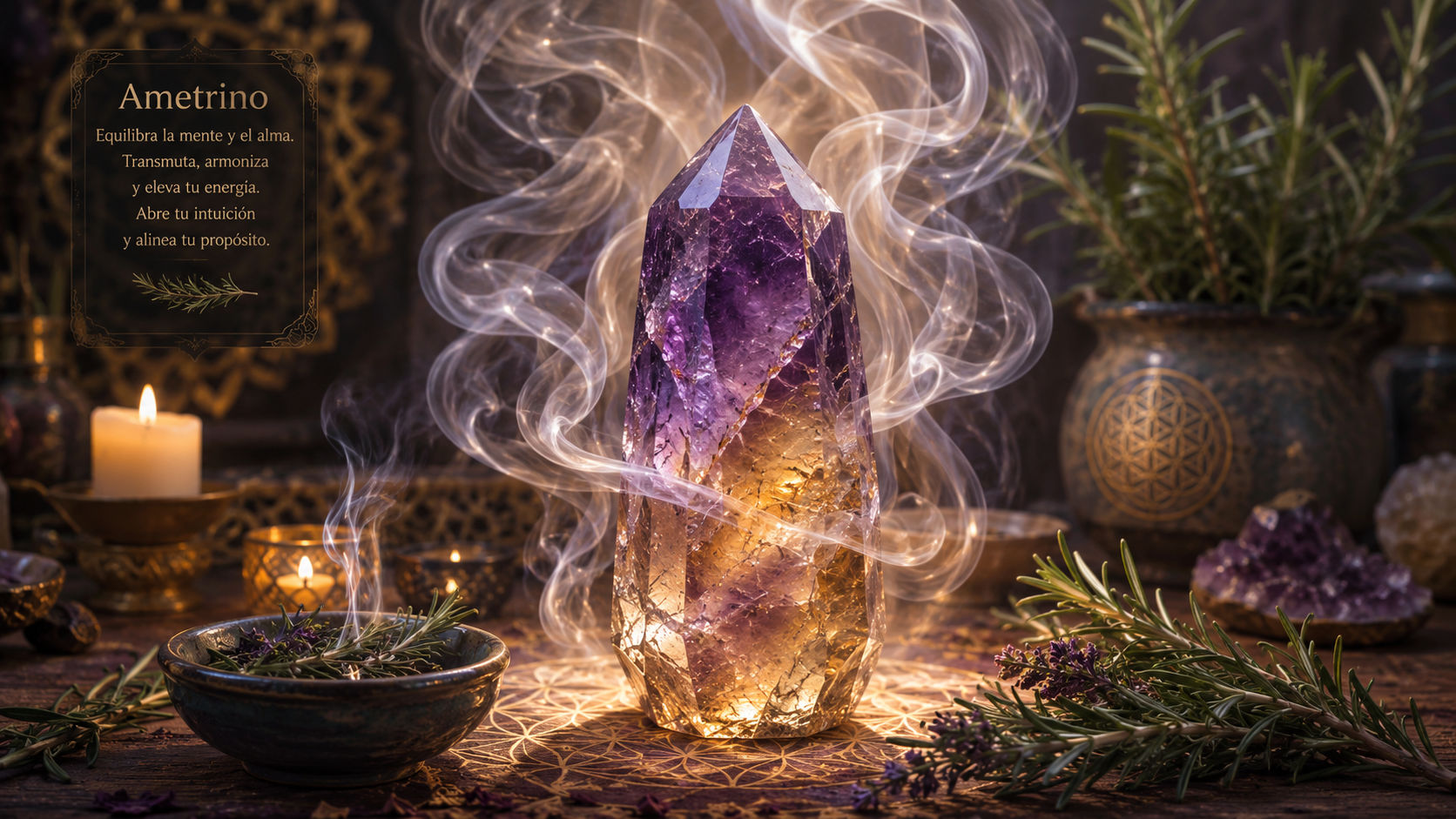 Pasa la piedra calmadamente a través del humo consagrado, pidiendo a los elementales del aire que limpien tanto su faceta violeta como su faceta dorada.