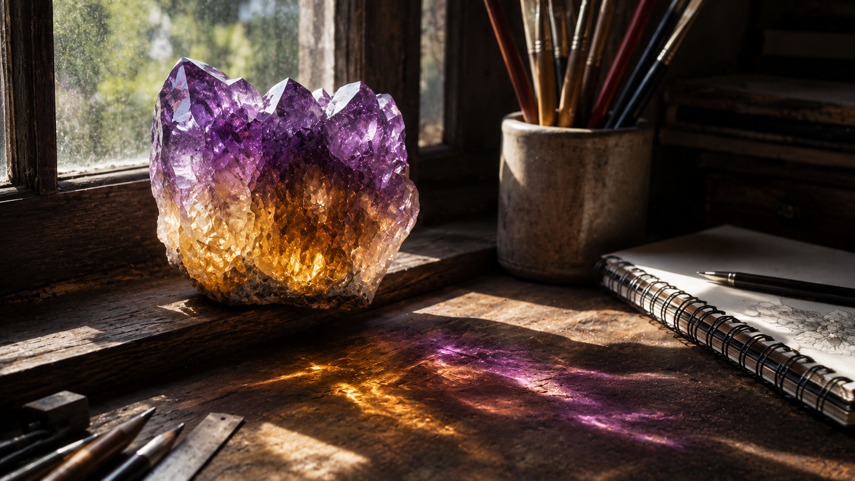 Cluster de Ametrino en la ventana del taller para equilibrar la creatividad con la productividad en Umbral Astral.
