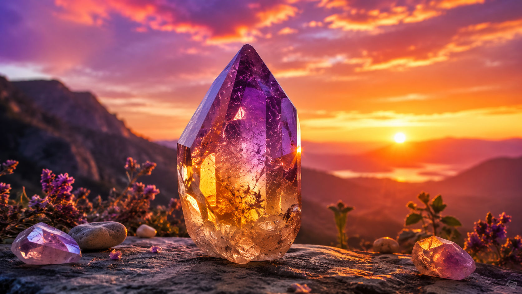 Coloca el cristal en el exterior justo en el momento del atardecer, donde conviven los últimos rayos solares y las primeras luces de la noche. Este instante de transición perfecta es la firma energética del Ametrino, recargando sus polaridades místicas de forma inmediata.