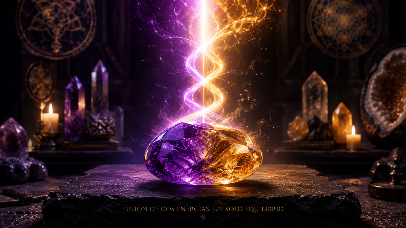 Cuarzo Ametrino emitiendo espirales de luz violeta y dorada para integrar polaridades y resolver dilemas.