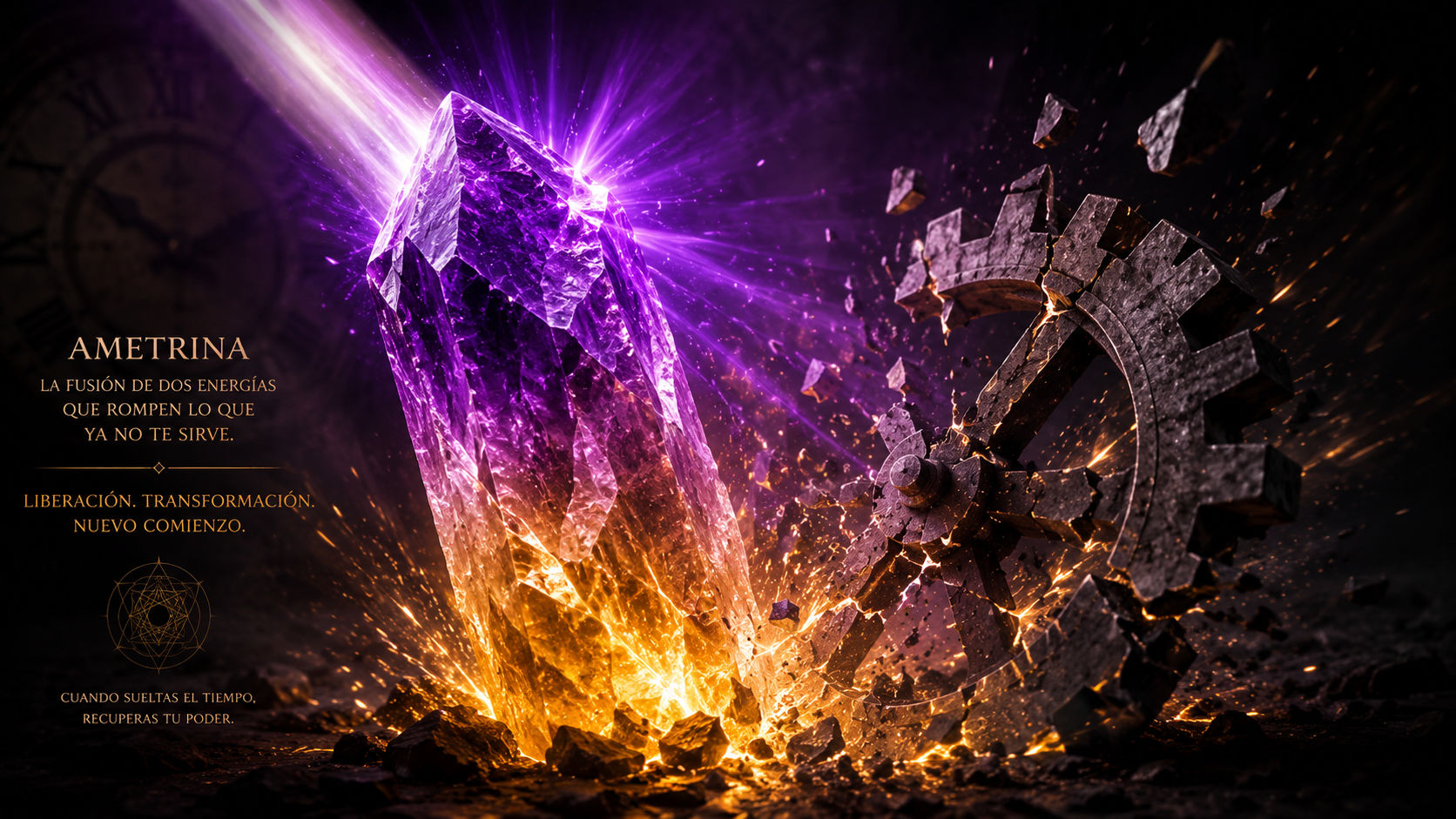 Cristal de Ametrino combinando energía violeta y dorada para vencer la procrastinación en Umbral Astral.
