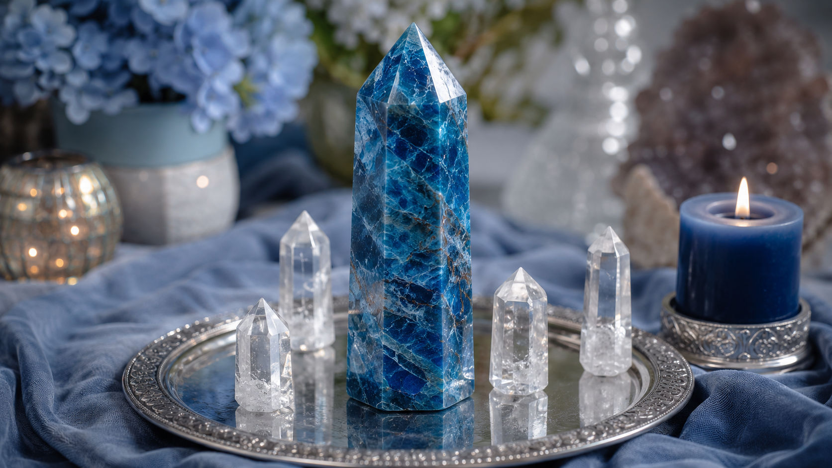 Torre de Apatita Azul en el altar para abrir los canales de la intuición superior durante la meditación.