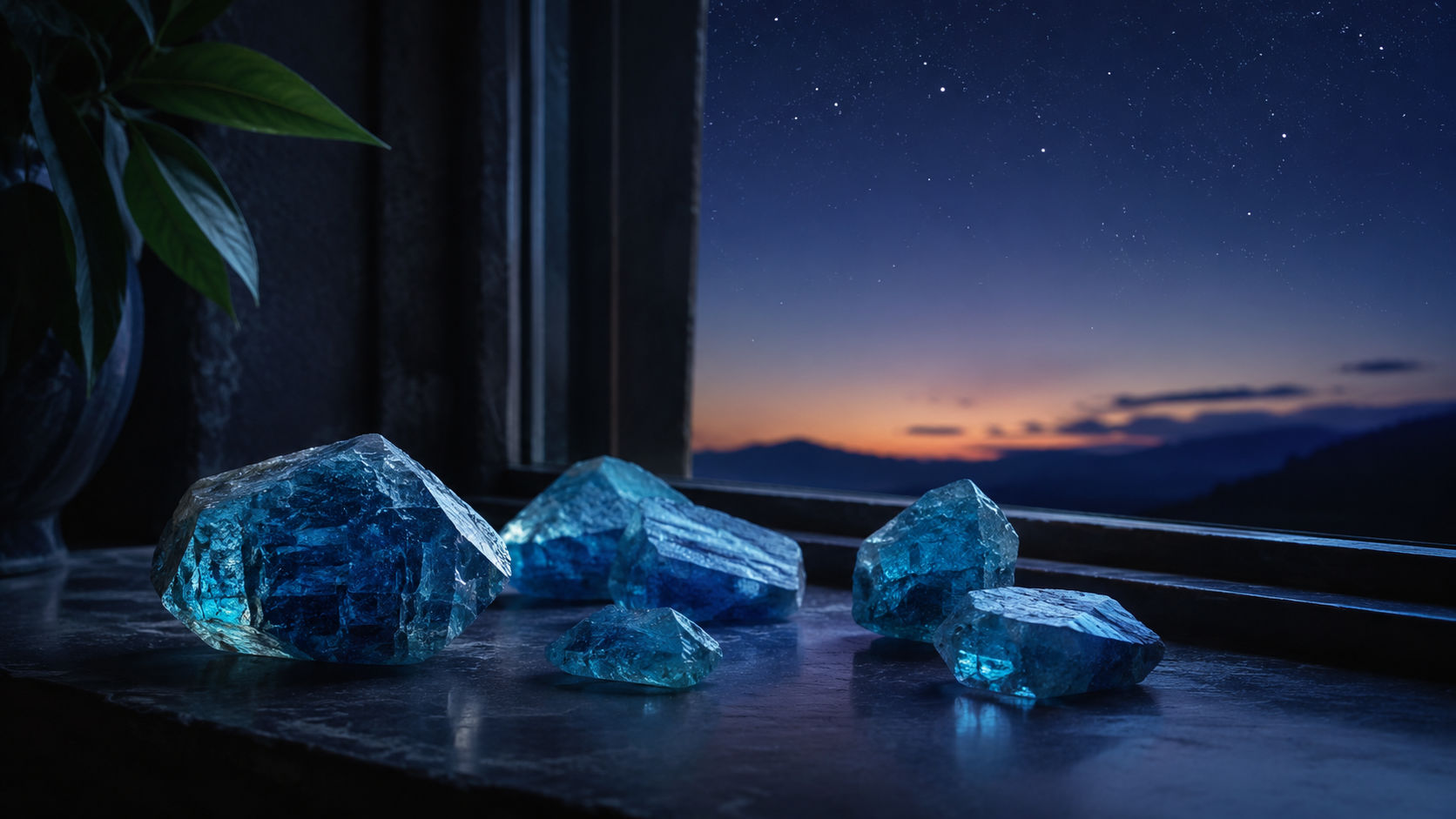 Apatita Azul en la ventana sintonizándose con las frecuencias estelares del firmamento.