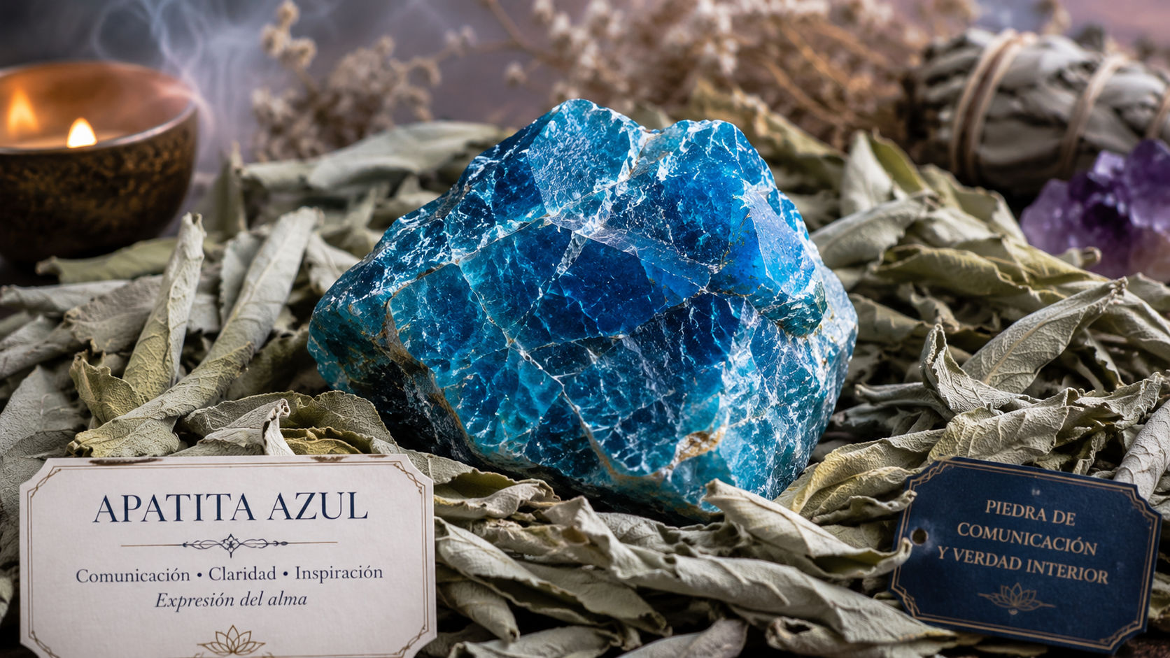Deposita la piedra sobre hojas secas de salvia durante toda una noche para una purificación orgánica y sin humedad. Este método limpia el aura del cristal de forma sutil, respetando su naturaleza y sus delicados reflejos eléctricos.