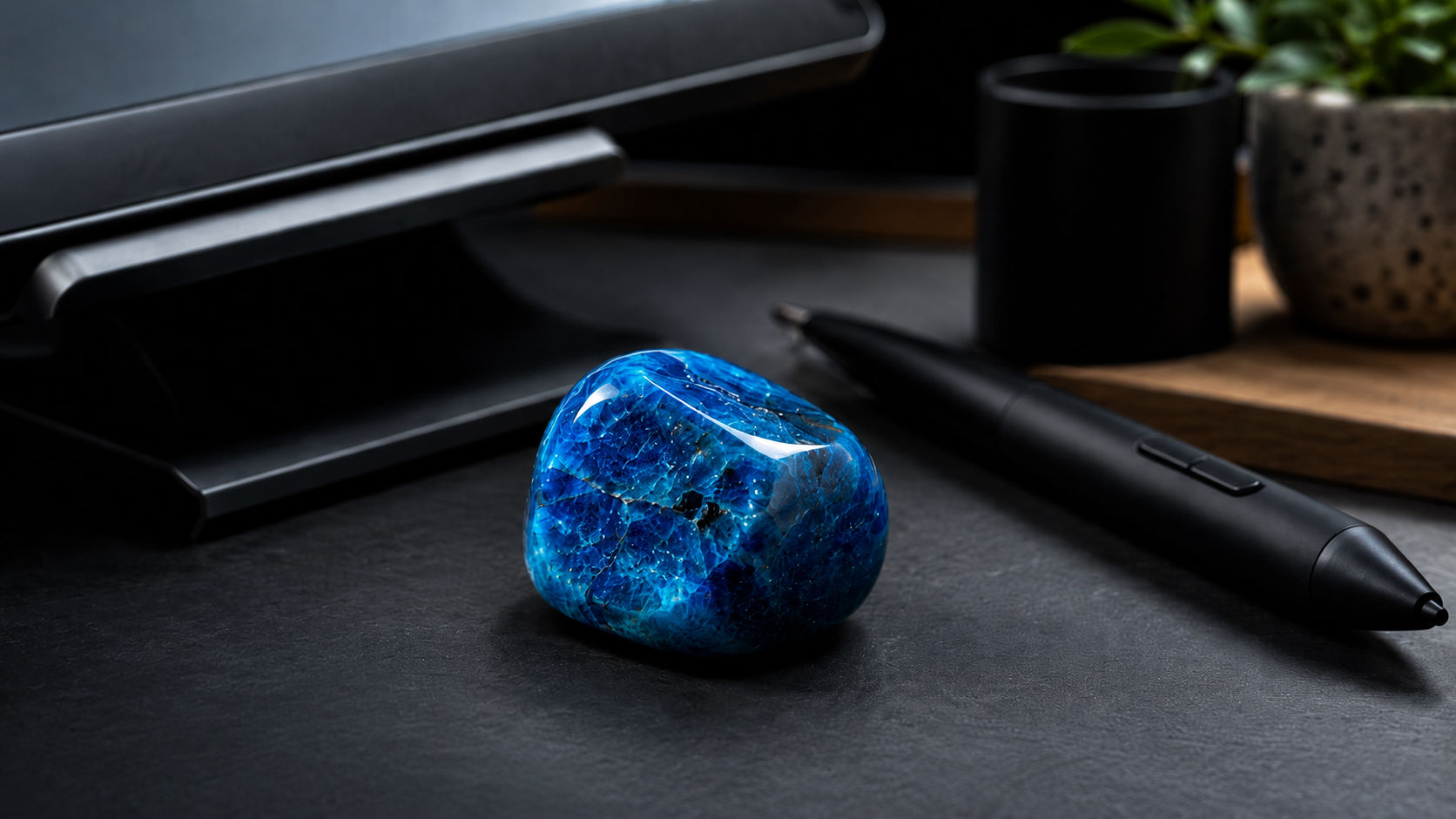 Piedra de Apatita Azul junto a herramientas digitales para inspirar la creación de proyectos.