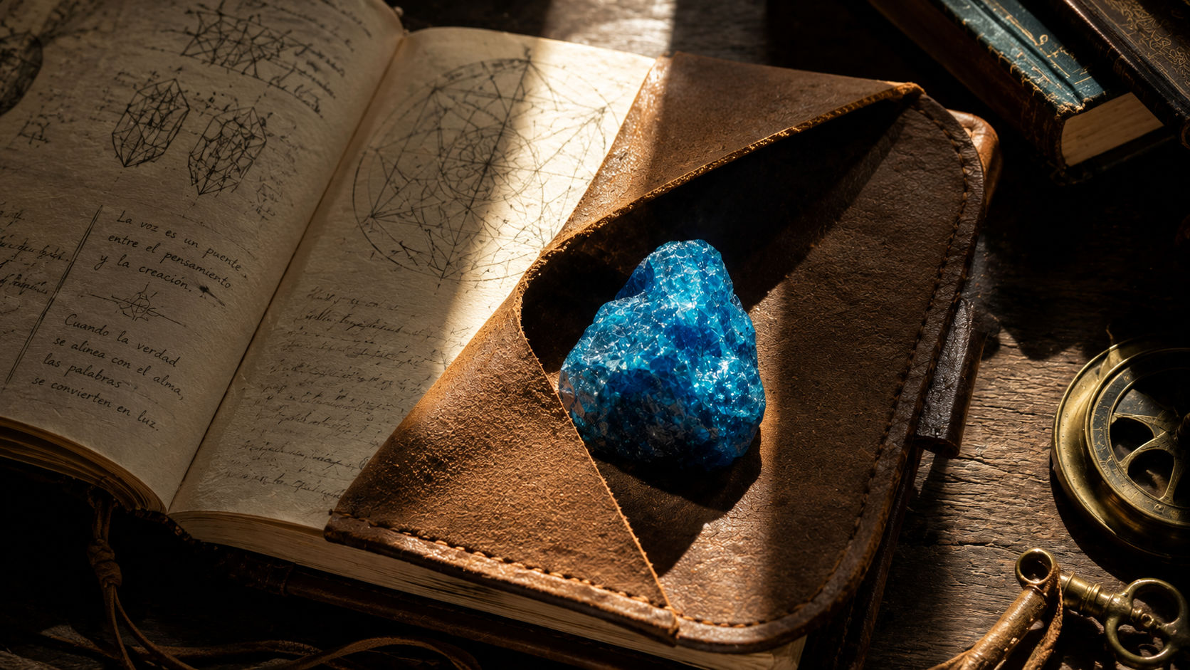 Especimen en bruto de Apatita Azul en un cuaderno de bocetos para acelerar la maduración de ideas.