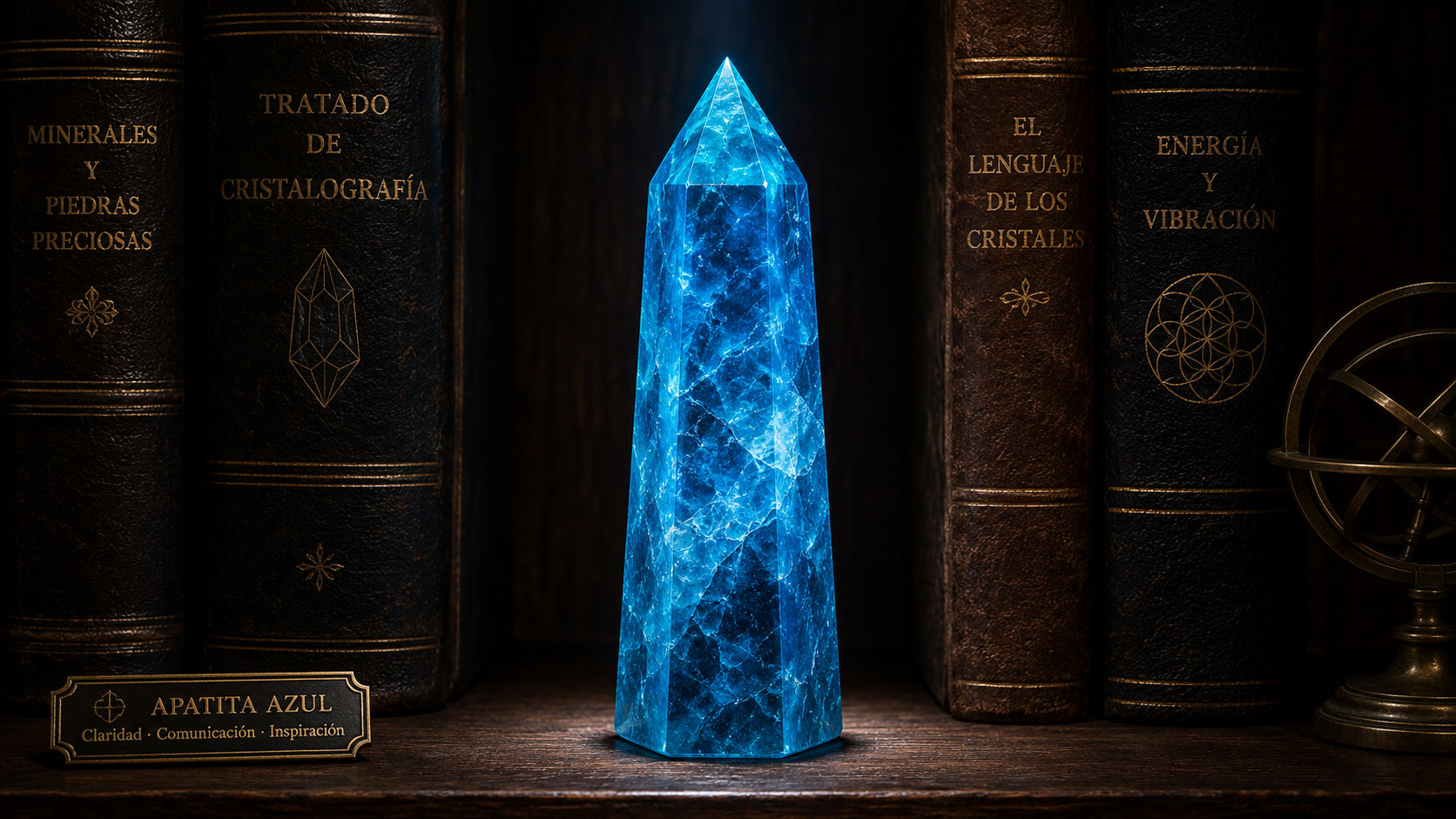 Obelisco de Apatita Azul en la biblioteca para potenciar la retención intelectual en Umbral Astral.