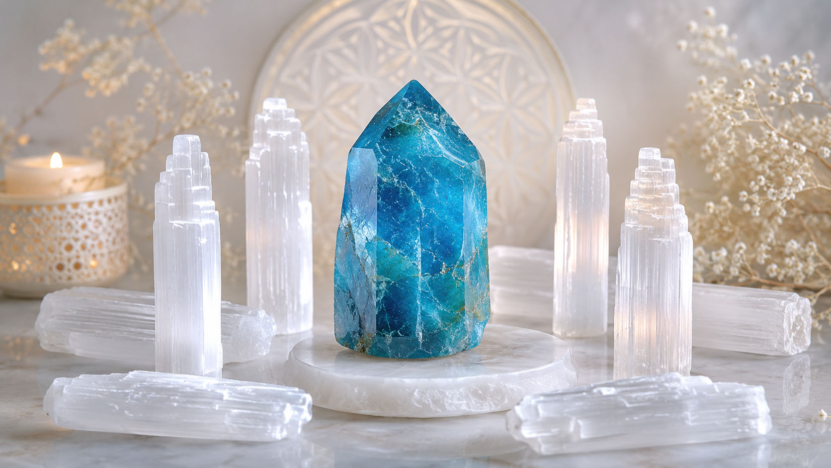 Coloca la Apatita Azul rodeada de varitas de selenita para que absorba una carga pura de luz divina y celestial. La selenita canaliza una corriente constante de alta frecuencia que restablece el motor emisor de la apatita.