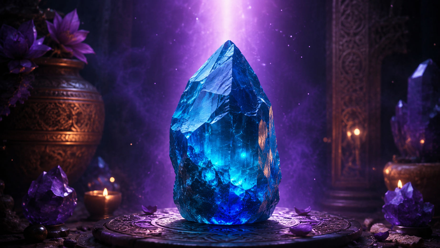 Sostén el cristal entre tus palmas y proyecta un haz de luz violeta desde tu tercer ojo que penetre y encienda la piedra. Este acto ritual unifica tu voluntad mágica con las memorias de la gema, dejándola lista para el trabajo de manifestación.