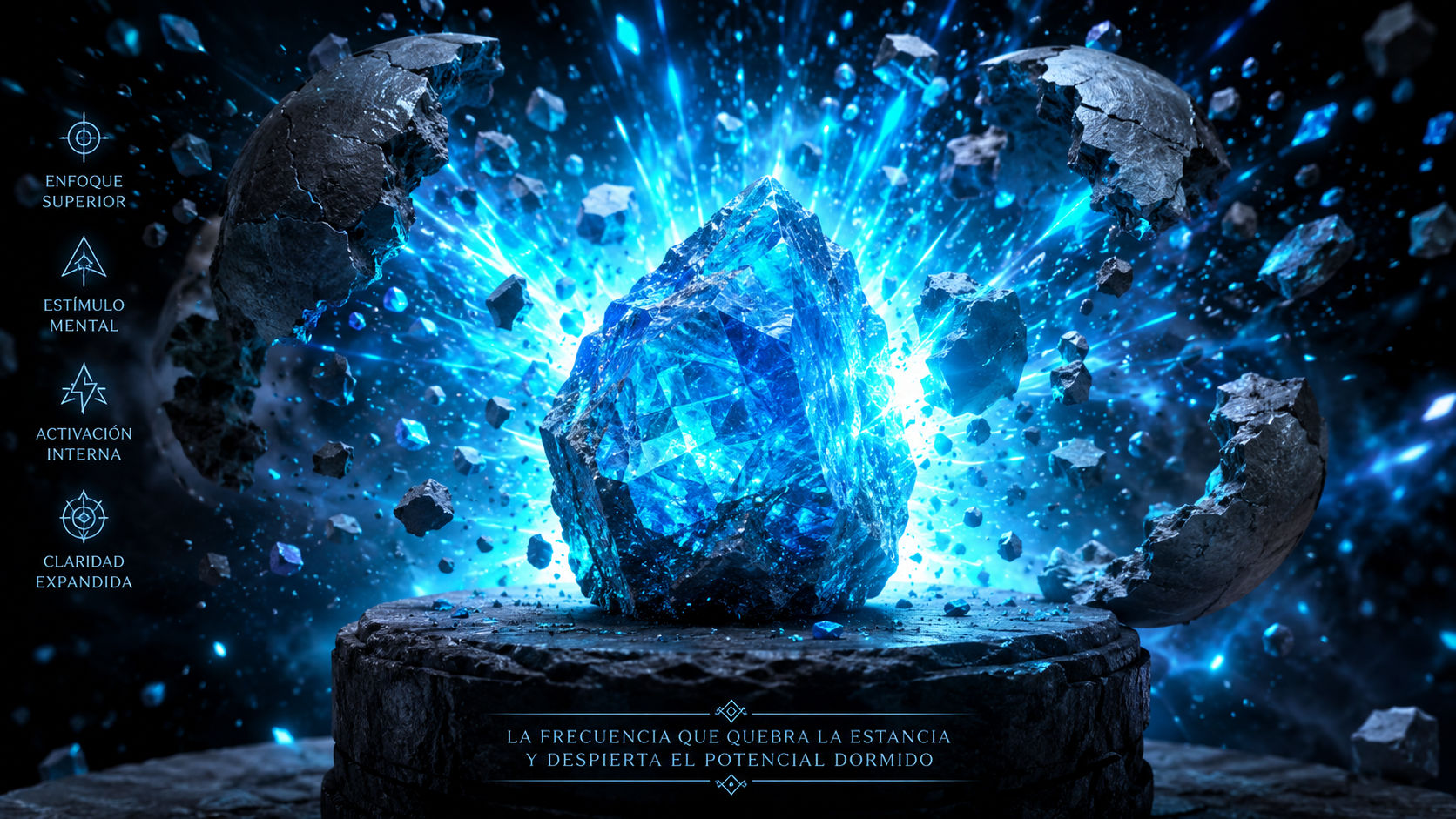 Cristal de Apatita Azul emitiendo destellos azul cian para disolver la apatía y activar la iniciativa.