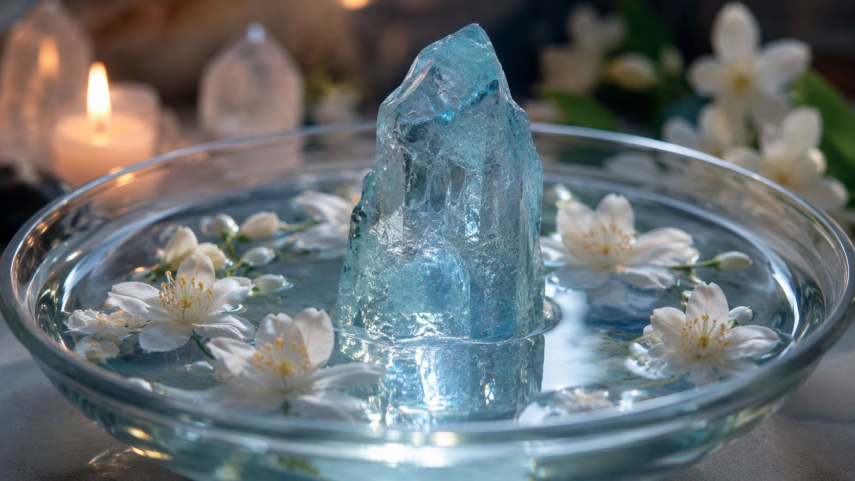 Aguamarina sumergida en el altar para purificar el ambiente y potenciar las visiones intuitivas.