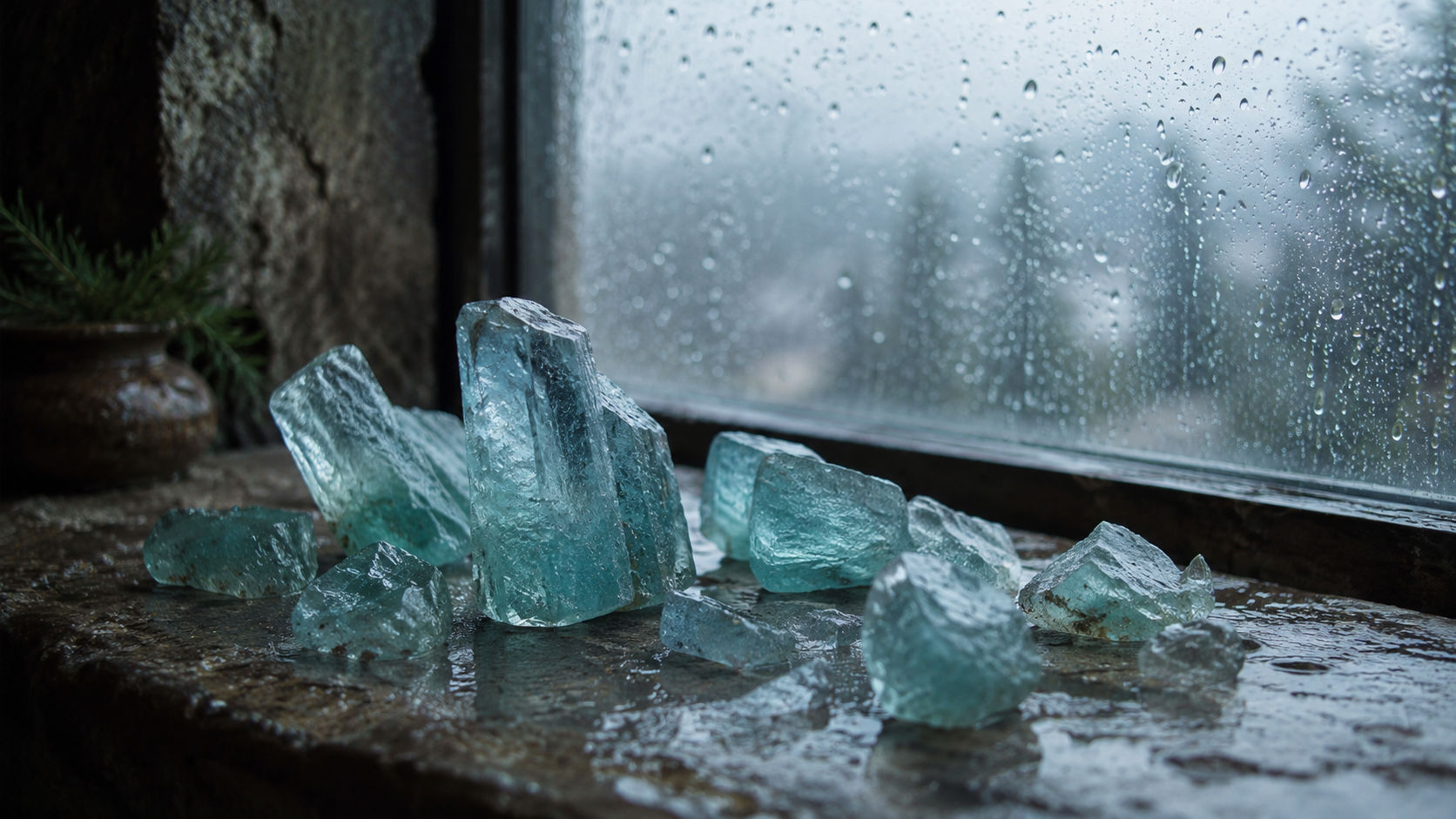 Fragmentos de Aguamarina recibiendo la vibración del agua de lluvia para revitalizar su poder.